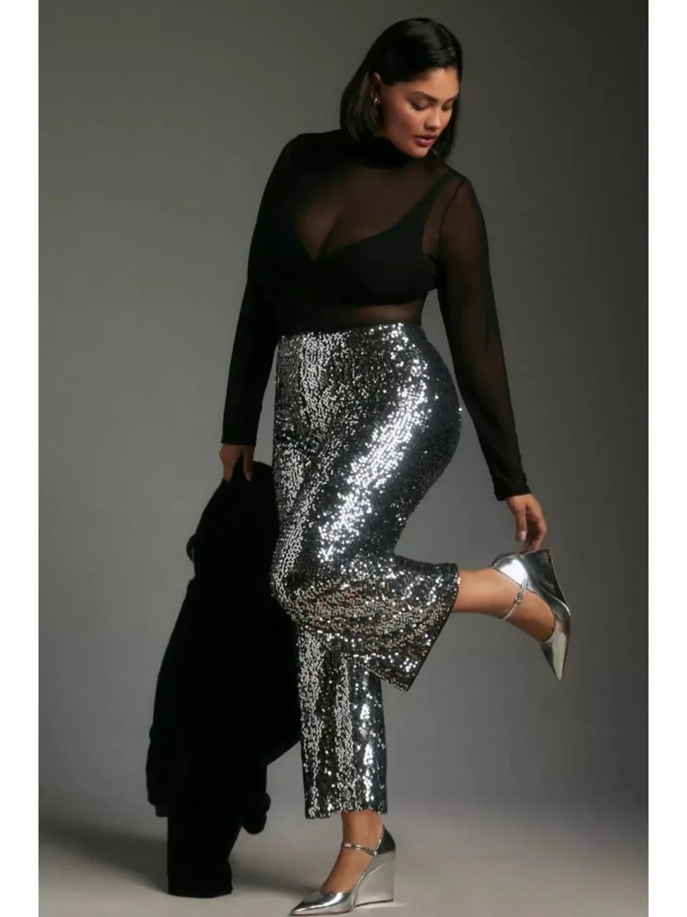 NWT Maeve by Anthropologie Colette in Black Silver Sequin Wide-Leg Crop Pants 28 - Picture 10 of 13